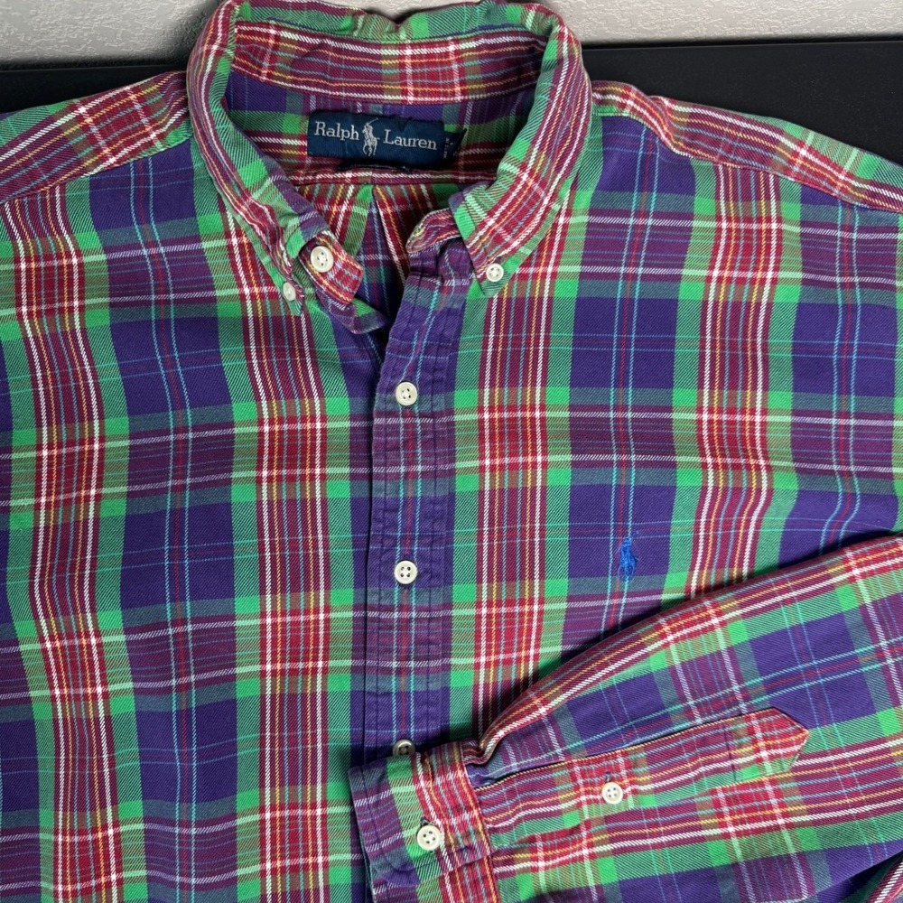Ralph Lauren Blake Mens L Plaid Button Down Shirt Purple Green Cotton Twill XL